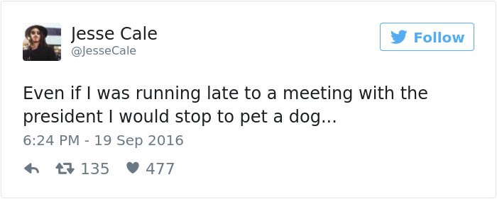 Top 20 best dog tweets "Even if I was running late to a meeting with the president I would stop to pet a dog..."